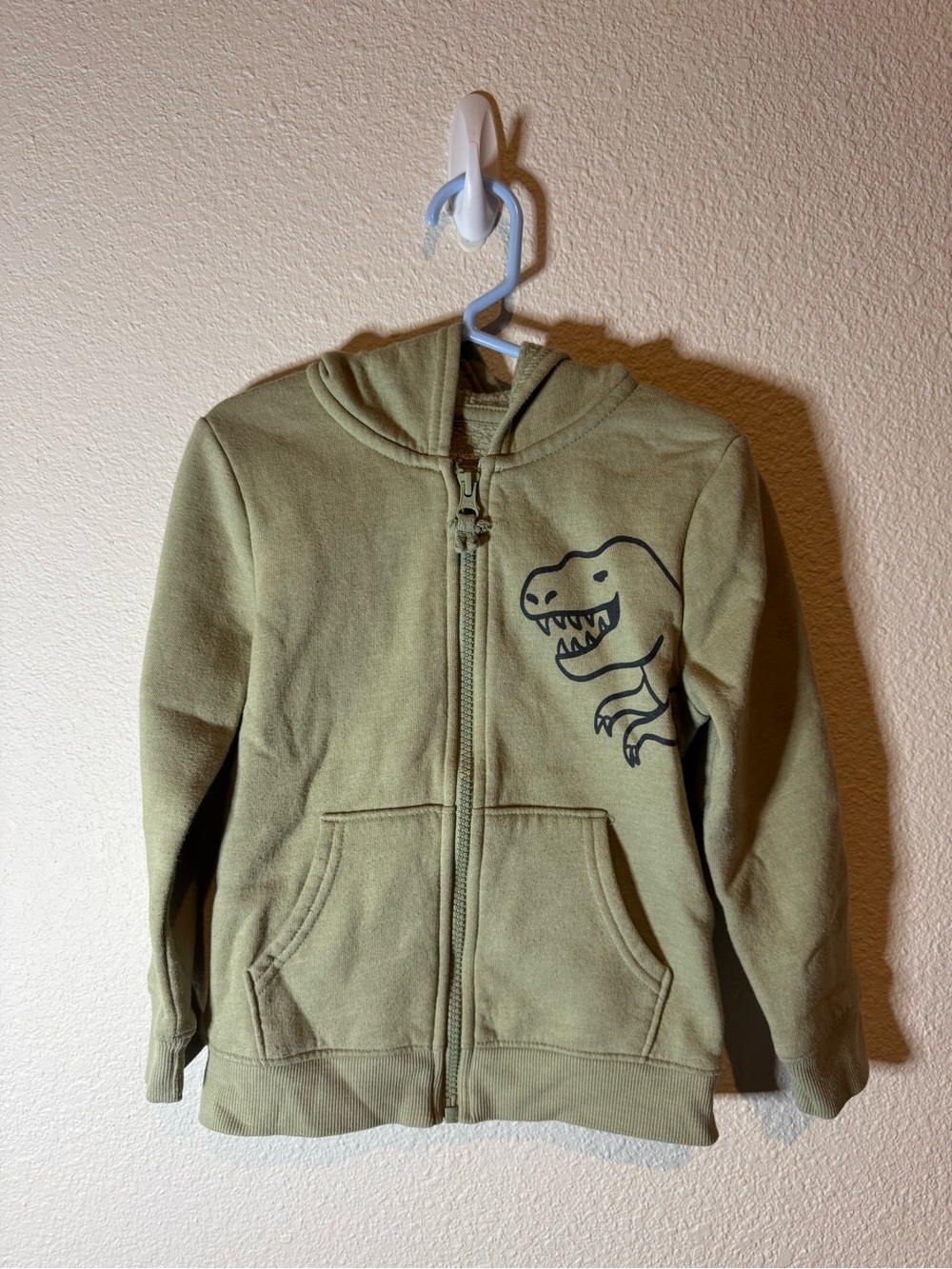 Kids Olive Green Zip-Up Hoodie with Dinosaur Graphic
